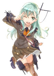 Rule 34 | 10s, 1girl, ;), ;p, aqua eyes, aqua hair, ascot, blazer, blouse, breasts, brown thighhighs, cannon, hair ornament, hairclip, jacket, kantai collection, large breasts, long hair, one eye closed, open mouth, personification, salute, school uniform, shirt, skirt, smile, solo, suzuya (kancolle), teeth, thighhighs, tongue, tongue out, turret, wink, yatiyo, zettai ryouiki