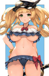 Rule 34 | 1girl, :o, bad id, bad pixiv id, bandaid, bandaid on face, bare arms, bare shoulders, bikini, bikini skirt, black headwear, blonde hair, blue bikini, blunt bangs, blush, bow, breasts, breasts apart, collarbone, commentary request, cowboy shot, flower bracelet, frilled bikini, frills, gluteal fold, granblue fantasy, green eyes, groin, hand on own hip, hat feather, hat ornament, highres, holding, koretsuki azuma, large breasts, layered bikini, long hair, looking at viewer, monika weisswind, navel, parted lips, red bow, solo, stomach, swimsuit, thighs, twintails, underboob