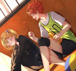 Rule 34 | 10s, 1boy, 1girl, ball, blonde hair, blush, bottle, can, clenched hand, closed eyes, dutch angle, haikyuu!!, highres, hinata shouyou, holding, holding bottle, jacket, jersey, knee pads, open mouth, orange hair, short hair, shorts, side ponytail, sitting, smile, sportswear, swordsouls, track jacket, track suit, volleyball (object), water bottle, yachi hitoka