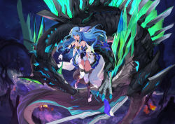 Rule 34 | 1girl, bare shoulders, blue hair, boots, breasts, cleavage, commentary request, detached collar, detached sleeves, dragon, floating, floating hair, gloves, hair between eyes, highres, leotard, long hair, medium breasts, orange eyes, original, showgirl skirt, thigh boots, thighhighs, white gloves, yoshizawa tsubaki