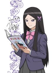 Rule 34 | 1girl, alternate costume, black hair, book, bow, bowtie, buttons, closed mouth, collared shirt, commentary request, creatures (company), dated, game freak, grey eyes, highres, holding, holding book, jacket, long hair, long sleeves, nintendo, one-hour drawing challenge, parted bangs, pink bow, pink bowtie, pleated skirt, pokemon, pokemon (anime), pokemon xy (anime), reading, shirt, sidelocks, signature, skirt, smile, solo, tamura (kouititamura), valerie (pokemon)