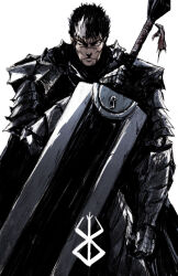 Rule 34 | 1boy, armor, berserk, berserker armor, black armor, black hair, brand of sacrifice, cape, chun lo, closed mouth, cowboy shot, dragonslayer (sword), gauntlets, greatsword, guts (berserk), highres, holding, holding sword, holding weapon, looking at viewer, male focus, multicolored hair, one eye closed, scar, scar on face, short hair, solo, sword, two-tone hair, weapon, white background, white hair