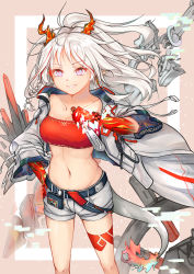 Rule 34 | 1girl, absurdres, arknights, bandeau, belt, black belt, breasts, cleavage, collarbone, commentary, feet out of frame, grey background, grin, hand on own hip, highres, horns, jacket, long hair, long sleeves, looking at viewer, medium breasts, multicolored hair, nian (arknights), open clothes, open jacket, phytoncide, pointy ears, purple eyes, red hair, short shorts, shorts, silver hair, smile, solo, standing, strapless, streaked hair, tail, thighs, tube top, white jacket, white shorts