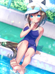 Rule 34 | 1girl, alternate costume, animal ears, barefoot, blue eyes, blue one-piece swimsuit, blurry, blurry background, blush, breasts, brown hair, cheval grand (umamusume), cleavage, closed mouth, collarbone, commentary request, competition school swimsuit, competition swimsuit, hat, highres, horse ears, horse girl, looking at viewer, medium breasts, medium hair, one-piece swimsuit, pool, school swimsuit, sitting, soles, solo, sugimotty nova, swimsuit, tail, tracen swimsuit, umamusume