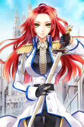 Rule 34 | 1girl, breasts, female focus, gloves, jeyina, large breasts, long hair, lowres, military, military uniform, outdoors, red hair, sky, solo, sword, sword girls, uniform, weapon, yellow eyes