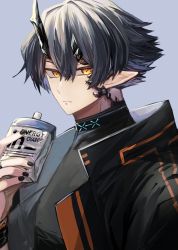 Rule 34 | 1boy, arknights, bishounen, black hair, black nails, black shirt, blouse, drink, drinking, flamebringer (arknights), hand up, highres, horns, infection monitor (arknights), iwashi 80, looking at viewer, male focus, material growth, nail polish, orange eyes, oripathy lesion (arknights), pointy ears, shirt, short hair, solo, upper body
