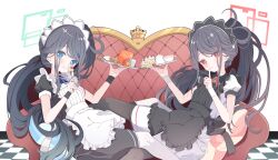 Rule 34 | &lt;key&gt; (blue archive), 2girls, absurdres, apron, aris (blue archive), aris (maid) (blue archive), black apron, black dress, black hair, black pantyhose, blue archive, blue eyes, blush, breasts, closed mouth, commentary, couch, dress, eating, finger to mouth, fork, frilled apron, frills, green halo, halo, highres, holding, holding fork, holding tray, kanikama acedia, long hair, looking at viewer, maid, maid apron, maid headdress, multiple girls, on couch, pantyhose, parted lips, ponytail, puffy short sleeves, puffy sleeves, red eyes, red halo, short sleeves, sitting, small breasts, rectangular halo, tray, white apron, white dress, white pantyhose, wrist cuffs