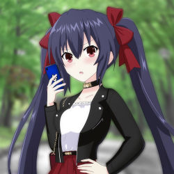 Rule 34 | bag, belt, black hair, breasts, choker, forest, grass, highres, jacket, leaves, long hair, medium breasts, mirroa1015, nature, neptune (series), noire (neptunia), open mouth, park, payment, phone, red eyes, ribbon, skirt, surprised, tsundere, twintails