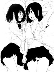Rule 34 | 2girls, arm pillow, black hair, black skirt, blush, bow, bow panties, bowtie, breasts, cleavage, clothes grab, cowboy shot, dress shirt, earphones, eye contact, face-to-face, glasses, greyscale, highres, holding hands, interlocked fingers, long hair, looking at another, lying, medium hair, midriff, miniskirt, monochrome, multiple girls, navel, ogino jun, on bed, original, panties, pantyshot, partially unbuttoned, pillow, rimless eyewear, shared earphones, shirt, short sleeves, skirt, sleeve grab, unbuttoned, unbuttoned shirt, underwear, white background, yuri