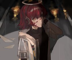 Rule 34 | 1girl, absurdres, arknights, black shirt, blood, blood on face, blurry, blurry background, brown wings, closed mouth, commentary request, depth of field, detached wings, exusiai (arknights), hair between eyes, halo, hand on headphones, hand up, headphones, highres, jacket, looking at viewer, ngyagao, open clothes, open jacket, red eyes, red hair, shirt, short sleeves, solo, upper body, white jacket, wings