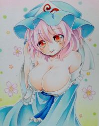 Rule 34 | absurdres, beni kurage, breasts, brown eyes, cherry blossoms, cleavage, gradient background, hat, highres, japanese clothes, kimono, large breasts, pink hair, saigyouji yuyuko, short hair, solo, tongue, tongue out, touhou, traditional media, triangular headpiece