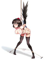 Rule 34 | 1girl, absurdres, arms behind back, assisted exposure, bdsm, bent over, bikini, bikini pull, bird wings, black hair, black thighhighs, black wings, blush, bondage, bound, breasts, clothes pull, collarbone, highres, large breasts, micro bikini, pointy ears, red eyes, restrained, shameimaru aya, shibari, shinebell, solo, suspension, swimsuit, tears, thighhighs, touhou, white bikini, wings