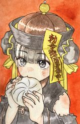 Rule 34 | 1girl, bare shoulders, blush, chinese clothes, clothing cutout, double bun, eating, eyes visible through hair, eyeshadow, fingernails, food, grey eyes, grey hair, grey hat, hair bun, hat, highres, holding, holding food, makeup, multicolored clothes, multicolored hat, nanase774938, ofuda, original, painting (medium), red eyeshadow, red hat, ribbon, shoulder cutout, solo, talisman, torn, torn clothes, traditional media, upper body, watercolor (medium), wide sleeves, yellow ribbon