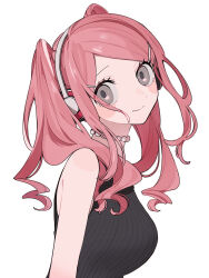 Rule 34 | 1girl, blush stickers, from side, grey eyes, hair ornament, hairclip, headphones, highres, jewelry, looking back, maco22, necklace, original, pearl necklace, pink hair, shirt, sleeveless, sleeveless shirt, smile, solo, twintails, upper body