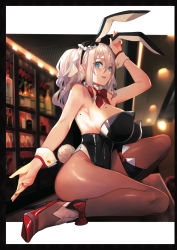 Rule 34 | 1girl, animal ears, arm up, bare shoulders, blue eyes, breasts, crescent, crescent earrings, detached collar, earrings, fake animal ears, fingernails, hair ornament, heart, heart-shaped pupils, high heels, highres, jewelry, large breasts, leotard, long hair, looking at viewer, mole, mole on body, mole on breast, nail polish, open mouth, original, pantyhose, playboy bunny, pupps, rabbit ears, rabbit tail, red nails, shiny clothes, sideboob, simple background, smile, solo, strapless, strapless leotard, symbol-shaped pupils, tail, white hair, wrist cuffs