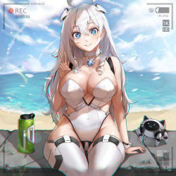 Rule 34 | 1girl, :3, ahoge, beach, blue eyes, blue sky, bottle, breasts, choker, chromatic aberration, covered navel, day, glint, hair between eyes, hair ornament, head tilt, heart, heart-shaped pupils, highres, holster, jewelry, large breasts, leotard, long hair, necklace, ocean, original, outdoors, recording, robot, sidelocks, sitting, sky, solo, summer, symbol-shaped pupils, thigh holster, thigh strap, thighhighs, v, water bottle, white choker, white hair, white leotard, white thighhighs, wide hips, wookyung
