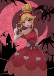 Rule 34 | 1girl, :d, bare shoulders, blonde hair, blue eyes, bow, castle, demon, demon horns, dress, elbow gloves, female focus, flying, frostcyco, gloves, hair bun, hairband, heart, heart cheeks, highres, horns, index finger raised, long hair, looking at viewer, moon, open mouth, pink dress, red moon, sidelocks, simple background, single hair bun, smile, solo focus, star butterfly, star vs the forces of evil, white gloves