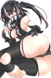 Rule 34 | 1girl, absurdres, armpit crease, ass, azur lane, black gloves, black hair, black leotard, black thighhighs, blush, breasts, cleavage, commentary, covered mouth, cross, ear piercing, elbow gloves, eyelashes, eyes visible through hair, fingerless gloves, gloves, hair between eyes, highres, iron cross, leotard, long hair, looking at viewer, lying, mask, medium breasts, mouth mask, multicolored hair, on side, piercing, red eyes, side ponytail, simple background, sleeveless, soles, solo, sono mata, streaked hair, thighhighs, thighs, two-tone hair, u-47 (azur lane), underboob, unzipped, white background, white hair