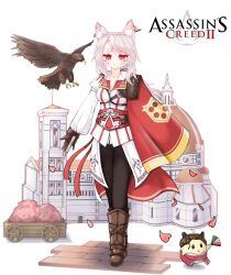 Rule 34 | 1girl, absurdres, alternate costume, animal ear fluff, assassin&#039;s creed (series), assassin&#039;s creed ii, asymmetrical clothes, azur lane, baisen broson, bird, black pants, breasts, brown gloves, cosplay, eagle, full body, gloves, highres, italian flag, long sleeves, looking at viewer, manjuu (azur lane), medium breasts, pants, puffy sleeves, red eyes, solo, white hair, yuudachi (azur lane)