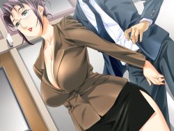 Rule 34 | 1girl, blazer, breasts, business suit, cleavage, crotch grab, fingernails, formal, game cg, gibo to oba, glasses, green eyes, huge breasts, jacket, jewelry, kuramochi yoshimi, lipstick, makeup, mature female, miura takehiro, omegat, pencil skirt, purple hair, ring, skirt, skirt suit, solo focus, source request, suit, teacher, thighhighs, wedding band, wedding ring