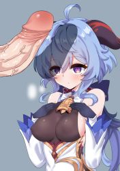 Rule 34 | 1girl, absurdres, ahoge, bare shoulders, bell, blue gloves, blue hair, blush, bow, breasts, covered erect nipples, detached sleeves, ganyu (genshin impact), genshin impact, gloves, grey background, hand on own chest, heart, heart-shaped pupils, heavy breathing, highres, horns, large penis, long hair, looking at another, looking at penis, medium breasts, neck bell, penis, purple eyes, rayno, sideboob, sidelocks, sweat, symbol-shaped pupils, uncensored, upper body, veins, veiny penis, white sleeves