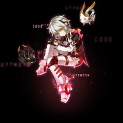 Rule 34 | 1girl, android, artist request, code: unknown (elsword), earpiece, electricity, elsword, english text, eve (elsword), expressionless, facial mark, forehead jewel, frills, full body, gloves, hand on leg, highres, leg up, looking at viewer, moby (elsword), noise, official art, parted lips, remy (elsword), short hair, silver hair, solo, transparent background, yellow eyes