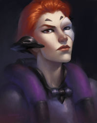 Rule 34 | 1girl, absurdres, anolea, artist name, black background, blue eyes, breasts, dark background, dated, eyeliner, gradient background, half mask, heterochromia, highres, lips, looking at viewer, makeup, mask, medium breasts, moira (overwatch), nose, overwatch, overwatch 1, portrait, purple background, red eyes, red hair, red lips, short hair, signature, solo