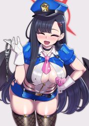 Rule 34 | 1girl, :d, ^ ^, black hair, black thighhighs, blue archive, blunt bangs, breasts, cleavage, closed eyes, cuffs, earrings, eyeliner, fishnet thighhighs, fishnets, gloves, grey background, hair ornament, hairclip, halo, hanauna, hand on own hip, handcuffs, hat, highres, ichika (blue archive), jewelry, large breasts, long hair, makeup, miniskirt, necktie, open mouth, simple background, skirt, smile, solo, sweatdrop, thighhighs, white gloves, wings