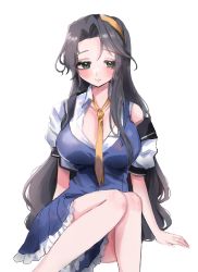 Rule 34 | 1girl, baldr (series), baldr sky, black hair, blue dress, blush, breasts, collarbone, collared shirt, commission, commissioner upload, cropped jacket, dress, green eyes, headband, highres, invisible chair, jacket, large breasts, long hair, looking to the side, necktie, nishino aki, off shoulder, parted bangs, shirt, shishamosama, sitting, skeb commission, smile, solo, very long hair, white background, white jacket, white shirt, yellow headband, yellow necktie