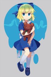 Rule 34 | 0mzum1, 1girl, alternate color, back bow, blonde hair, blue background, blue bow, blue dress, blue eyes, blue footwear, bow, closed mouth, collared dress, commentary request, dress, expressionless, green ribbon, grey background, hair between eyes, hair bow, hand up, highres, holding, holding stuffed toy, kneehighs, looking at viewer, mother (game), mother 2, nintendo, paula (mother 2), ribbon, shoes, short hair, short sleeves, sidelocks, simple background, socks, solo, stuffed animal, stuffed toy, teddy bear, white bow, white socks
