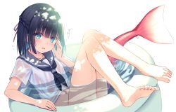 Rule 34 | 1girl, aqua eyes, bare legs, barefoot, black hair, black neckerchief, black sailor collar, blush, braid, collarbone, commentary request, crown braid, dappled sunlight, feet, flying sweatdrops, full body, hair ribbon, half updo, hand on own face, highres, in water, looking at viewer, medium hair, na-ga, neckerchief, no pants, open mouth, original, partially submerged, ribbon, sailor collar, school uniform, see-through, serafuku, short sleeves, sidelocks, sitting, soles, solo, sunlight, thighs, toes, translation request, wading pool, water, wet, wet clothes, white background, white serafuku