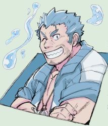 Rule 34 | 1boy, bad id, bad twitter id, beard, blue eyes, blue hair, commentary request, crossed arms, facial hair, fish boy, green background, grin, highres, jacket, jewelry, kamori (kamori0107), male focus, mature male, muscular, muscular male, necklace, one eye closed, open clothes, open jacket, sharp teeth, shell, shell necklace, short hair, sideburns, smile, solo, stubble, teeth, thick eyebrows, tokyo houkago summoners, track jacket, triton (housamo), upper body, water drop