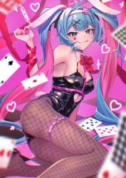 Rule 34 | 114 usamaro, 1girl, :q, absurdres, ace (playing card), ace of hearts, animal ears, arm behind back, arm ribbon, arm support, ass, bare shoulders, black leotard, blue eyes, blue hair, blush, bow, bowtie, breasts, card, cleavage, clothing cutout, covered navel, detached collar, ear fondling, fishnet pantyhose, fishnets, from above, from side, hair between eyes, hair ornament, hairband, hand up, hatsune miku, heart, heart cutout, highres, legs folded, leotard, licking lips, long hair, looking at viewer, looking back, lying, midriff peek, multicolored hair, nail polish, o-ring, on side, pantyhose, pink hair, playing card, rabbit ears, rabbit girl, rabbit hair ornament, rabbit hole (vocaloid), rabbit tail, red bow, red bowtie, red nails, red ribbon, ribbon, small breasts, smile, solo, spaghetti strap, stomach cutout, tail, thigh strap, thighs, tongue, tongue out, twintails, two-tone hair, very long hair, vocaloid, white hairband, x hair ornament