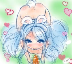 Rule 34 | 1girl, all fours, animal ears, blue eyes, blue hair, carrot, drooling, elin, flat chest, food, from above, highres, imminent fellatio, long hair, looking at viewer, looking up, nipples, nude, open mouth, pov, rabbit ears, sexually suggestive, sketch, tail, tera online, uatemyrice, very long hair