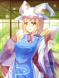 Rule 34 | 1girl, window blinds, blonde hair, breasts, brooch, ceiling, cowboy shot, curled fingers, day, dress, fox tail, hands up, hat, hat with ears, highres, indoors, jewelry, light particles, liya, long sleeves, looking at viewer, multiple tails, ofuda, open mouth, short hair, solo, tabard, tail, tassel, tatami, touhou, unmoving pattern, white dress, wide sleeves, window, yakumo ran, yellow eyes