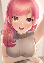 Rule 34 | 1girl, :d, aizono manami, arm under breasts, arm up, bare arms, blurry, braid, breasts, brown sweater, crown braid, curly hair, earrings, hair over shoulder, heart, heart-shaped pupils, heart earrings, hiyorou, jewelry, large breasts, light blush, long hair, looking at viewer, nijisanji, open mouth, pink hair, ribbed sweater, short eyebrows, sleeveless, sleeveless sweater, smile, solo, straight-on, sweater, swept bangs, symbol-shaped pupils, teeth, thick eyebrows, tongue, upper body, upper teeth only, virtual youtuber, yellow eyes