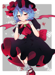 Rule 34 | 1girl, alternate color, ascot, back bow, bat wings, black dress, black headwear, blue hair, blush, bobby socks, border, bow, brooch, buckle, dress, dress bow, eyelashes, fangs, fangs out, fingernails, floral background, gem, green gemstone, grey background, head rest, highres, invisible chair, jewelry, light blue hair, looking at viewer, nail polish, necono (nyu6poko), puffy short sleeves, puffy sleeves, red ascot, red bow, red eyes, red footwear, red nails, red ribbon, remilia scarlet, ribbon, short hair, short sleeves, simple background, sitting, smile, smug, socks, solo, touhou, white socks, wings, wrist cuffs
