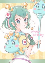 Rule 34 | 1girl, anko maccha, aqua eyes, aqua gloves, aqua hair, artist name, backpack, bag, bob cut, closed mouth, commentary, dress, english text, fingerless gloves, from side, gloves, hagoromo lala, hair ornament, hairband, happy birthday, holding, holding staff, looking at viewer, looking back, multicolored hair, pink hair, pointy ears, precure, prunce (precure), puffy short sleeves, puffy sleeves, shirt, short hair, short sleeves, signature, single glove, smile, solo, staff, star-shaped pupils, star (symbol), star twinkle precure, streaked hair, symbol-shaped pupils, white dress, white hairband, yellow shirt