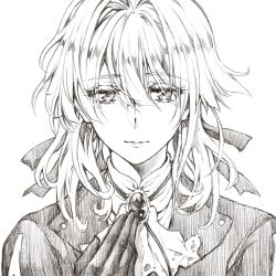 Rule 34 | 10s, 1girl, blonde hair, blue jacket, braid, brooch, close-up, gloves, greyscale, hair between eyes, hair intakes, hair ribbon, hand on own chest, highres, jacket, jewelry, jin (phoenixpear), monochrome, neckerchief, ribbon, sketch, solo, traditional media, violet evergarden, violet evergarden (series), white neckerchief