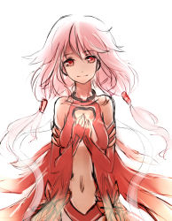 Rule 34 | 10s, 1girl, absurdres, bare shoulders, breasts, center opening, cleavage, detached sleeves, fingerless gloves, gloves, guilty crown, hair ornament, hairclip, hands on own chest, highres, kurio19980321, long hair, looking at viewer, navel, pink hair, red eyes, small breasts, smile, solo, twintails, yuzuriha inori