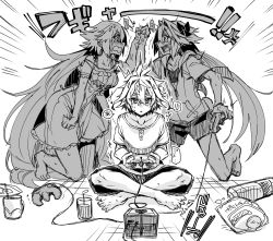 Rule 34 | 1girl, 2boys, ahoge, angry, arguing, astolfo (fate), braid, crossdressing, cup, dress, drink, drinking glass, drinking straw, fate/apocrypha, fate (series), fighting, food, game, game console, gamecube, gamecube controller, greyscale, holding hands, haoro, jacket, jeanne d&#039;arc (fate), jeanne d&#039;arc (ruler) (fate), long hair, monochrome, multiple boys, pants, playing games, shorts, sieg (fate), trap