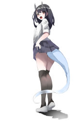 Rule 34 | 1girl, aoki ruri, black hair, black socks, blue skirt, blush, dragon girl, dragon horns, dragon tail, from behind, full body, hand on own hip, highres, horns, loafers, long sleeves, looking at viewer, looking back, medium hair, open mouth, pleated skirt, ruri dragon, school uniform, shirt, shoes, simple background, skirt, slit pupils, socks, solo, standing, tail, white background, white footwear