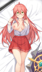 Rule 34 | 1girl, ahoge, bed sheet, blush, breasts, collarbone, dress shirt, dungeon and fighter, from above, glasses, green eyes, hair between eyes, hallohi, highres, knight (dungeon and fighter), large breasts, long hair, lying, miniskirt, nipples, on back, open clothes, open shirt, pink hair, pleated skirt, red skirt, semi-rimless eyewear, shirt, skirt, smile, solo, under-rim eyewear, very long hair, white shirt