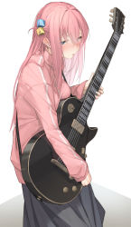 Rule 34 | 1girl, blue eyes, bocchi the rock!, gotoh hitori, guitar, hair between eyes, cube hair ornament, hair ornament, highres, holding, holding instrument, instrument, jacket, long hair, long sleeves, open mouth, pallad, pink hair, pink jacket, revision, simple background, white background