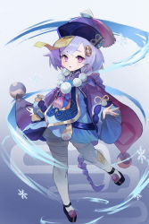 Rule 34 | 1girl, :o, absurdres, bannouyakunta, bead necklace, beads, braid, braided ponytail, chinese clothes, dress, frilled sleeves, frills, full body, genshin impact, hair ornament, half-closed eyes, highres, jewelry, jiangshi, long sleeves, looking at viewer, necklace, open mouth, purple hair, qiqi (genshin impact), shorts, talisman, thighhighs, wide sleeves