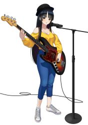 Rule 34 | akiyama mio, artist name, bass guitar, black eyes, black hair, blue pants, blunt bangs, blush, breasts, carlo montie, cleavage, full body, hat, high-waist pants, highres, instrument, k-on!, looking at viewer, microphone, microphone stand, music, pants, playing instrument, plectrum, shirt, shoes, sidelocks, simple background, small breasts, sneakers, standing, white background, white footwear, yellow shirt