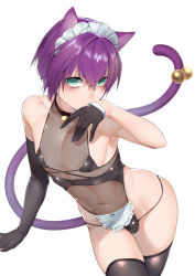 Rule 34 | 1boy, abs, absurdres, animal ears, asymmetrical gloves, bare shoulders, bell, bikini, black bikini, black collar, black gloves, black thighhighs, brown leotard, bulge, cat boy, cat ears, cat tail, collar, commentary request, contrapposto, covered navel, covering own mouth, cowboy shot, elbow gloves, gloves, green eyes, hair between eyes, hand over own mouth, hand up, highres, lace trim, leaning forward, leotard, looking at viewer, maid headdress, male focus, neck bell, original, paid reward available, penis in swimsuit, purple hair, see-through, see-through leotard, simple background, single elbow glove, solo, standing, string bikini, swimsuit, tail, tail bell, tail ornament, tawapo, thighhighs, trap, uneven gloves, white background
