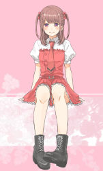 Rule 34 | 1girl, belt, black footwear, blush, boots, bow, brown hair, clover, cross-laced footwear, dress, frilled skirt, frills, full body, hair bow, highres, ichii maina, invisible chair, looking at viewer, oshi ga budoukan itte kuretara shinu, pink background, pink neckwear, pink skirt, purple eyes, red bow, s c k, short sleeves, simple background, sitting, skirt, smile, solo, two side up