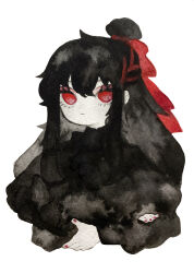 Rule 34 | 1girl, black hair, black shirt, closed mouth, colored skin, commentary request, expressionless, hair bun, hair ribbon, highres, library of ruina, long hair, long sleeves, mochigome 138, painting (medium), project moon, red eyes, red nails, red ribbon, ribbon, shirt, simple background, single hair bun, solo, traditional media, watercolor (medium), white background, white skin, xiao (project moon)