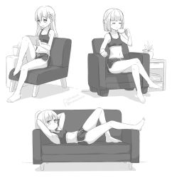 Rule 34 | 3girls, armchair, arms up, bare arms, bare legs, bare shoulders, barefoot, bendy straw, blush, breasts, chair, chinese commentary, closed eyes, closed mouth, commentary request, couch, crop top, crossed legs, cup, disposable cup, drinking straw, greyscale, hair between eyes, hair ornament, hair ribbon, hairclip, hatsunatsu, highres, holding, holding cup, knee up, long hair, lying, midriff, monochrome, multiple girls, navel, on back, on chair, on couch, original, plant, ponytail, potted plant, ribbon, short shorts, shorts, sitting, small breasts, smile, star (symbol), star hair ornament, white background